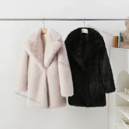 Women's Faux Fur Lapel Coat – Luxury Furry Overcoat for Women