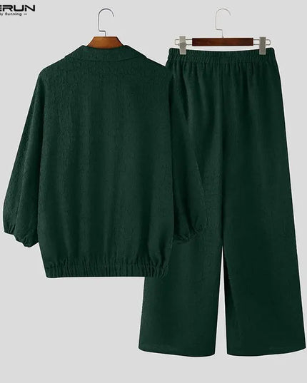 Incerun Men's Two-Piece Oversized Set: Lapel 3/4 Sleeve Shirt and Wide-Leg Pants