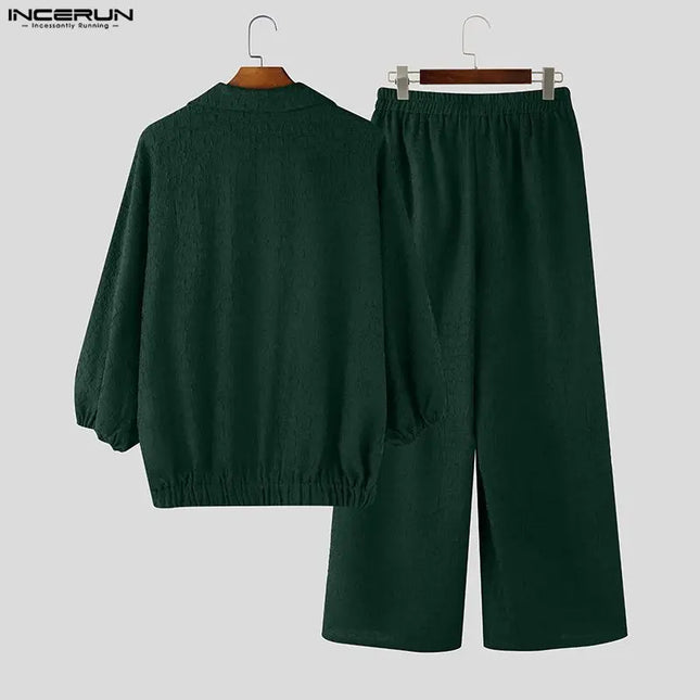 Incerun Men's Two-Piece Oversized Set: Lapel 3/4 Sleeve Shirt and Wide-Leg Pants