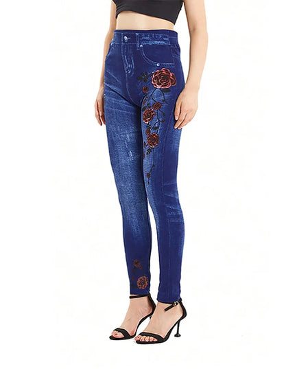 Women’s Denim-Look Leggings with Double-Sided Rose Print