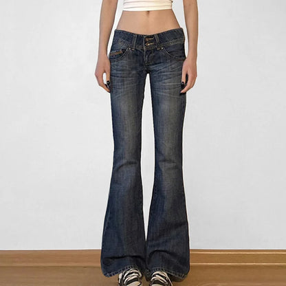Vintage Women’s Flare Jeans – Distressed Denim Trousers with Low Waist, Washed Finish