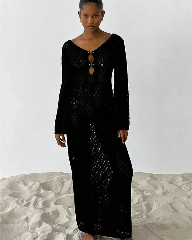 Women's Knitted Crochet Maxi Cover Up Dress - Hollow Long Sleeve & Backless