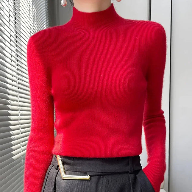 Ribbed Neck Sweater for Women - Fitted Knitted Pullovers