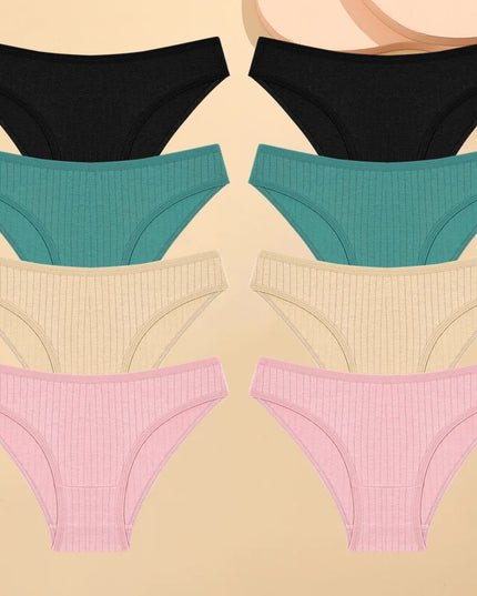 Set of 8 Cotton Striped Low-Rise Stretchy Panties for Women