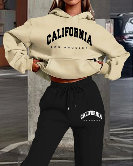 Women's Casual California Los Angeles Letter Print Hoodie and Drawstring Jogger Set