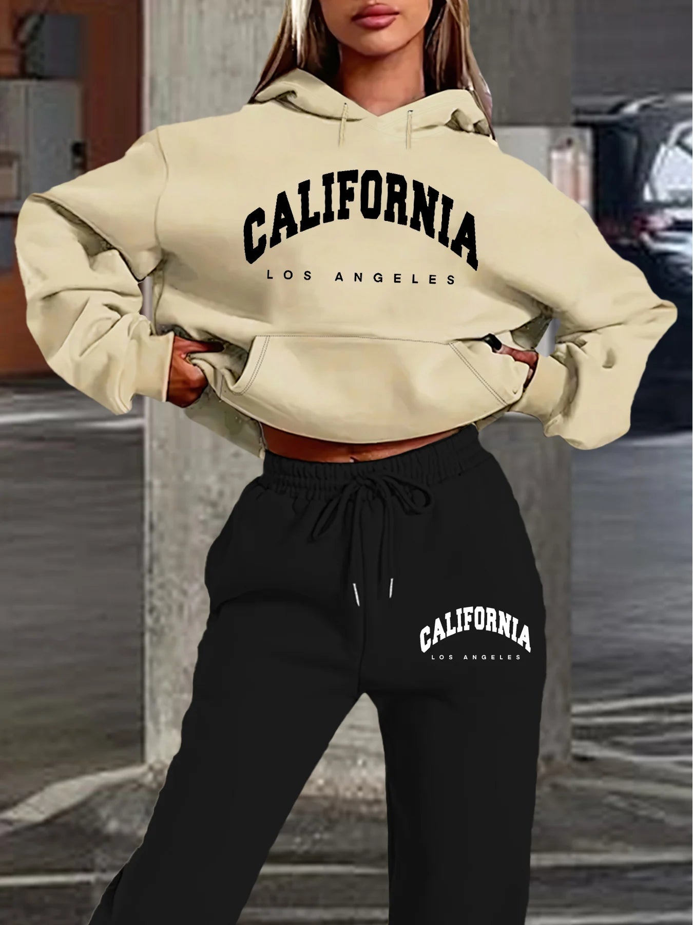 Women's Casual California Los Angeles Letter Print Hoodie and Drawstring Jogger Set