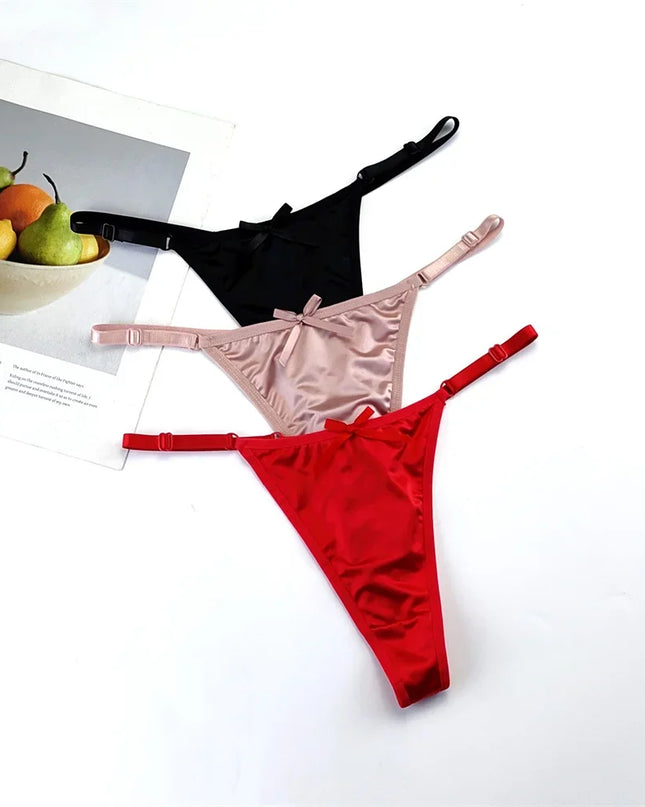 3-Piece Pink Satin Thong Set for Women - Adjustable Low Waist, Comfortable Silk Lace Underwear