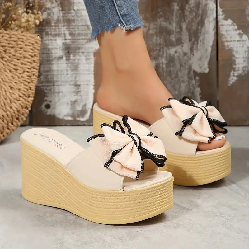 Women's 9cm Wedge Platform Heels with Fabric Bow – Elegant Slip-On Wedges for Women