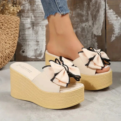 Women's 9cm Wedge Platform Heels with Fabric Bow – Elegant Slip-On Wedges for Women