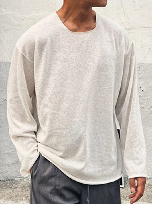 Men's Ice Silk Long Sleeve Crew Neck Sweater – Breathable, Soft Knit Knitwear for Men