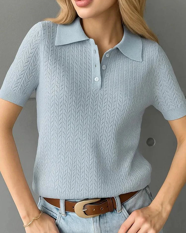 Hollow Knit Short Sleeve Polo T-Shirt for Women