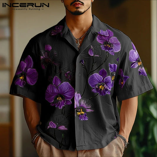 Incerun Men's Floral Print Short Sleeve Shirt with Lapel, Button-Down, Loose Fit