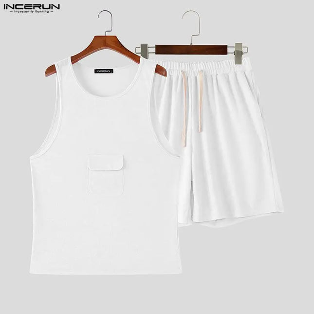 Incerun Men's Two-Piece Breathable Tank Top and Drawstring Shorts Set