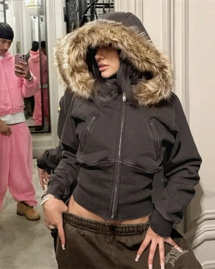 Women's Cropped Hooded Jacket with Faux Fur Trim, Fitted Style, Long Sleeves, and Zipper Closure
