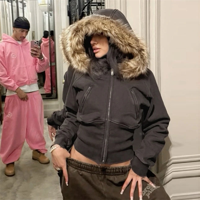 Women's Cropped Hooded Jacket with Faux Fur Trim, Fitted Style, Long Sleeves, and Zipper Closure