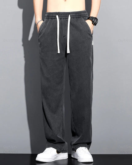 Men's Loose Fit Wide Leg Jeans in Soft Thin Lyocell Fabric with Drawstring Elastic Waist