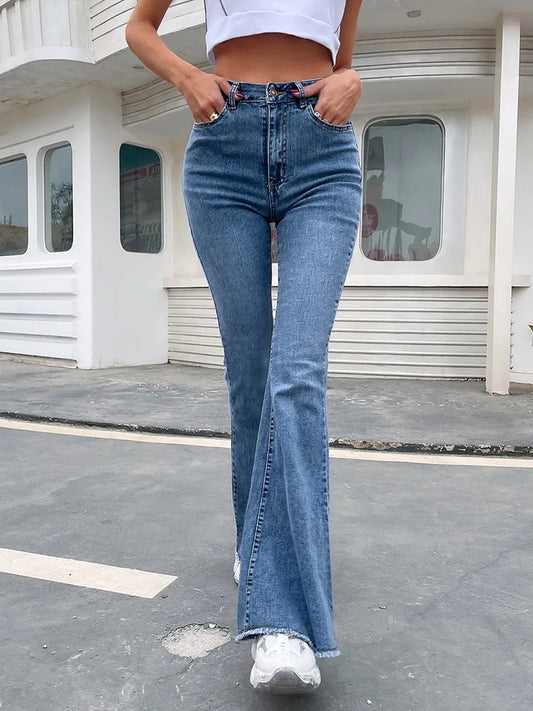 High Waist Women's Flare Jeans with Button Fly - Slim Fit Denim Pants