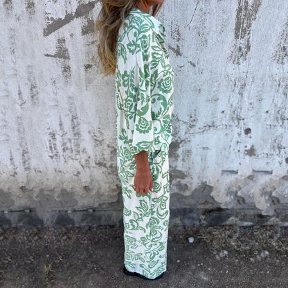 Women's Vintage Two-Piece Set: Turndown Collar Long Sleeve Shirt & Elastic High-Waist Loose Casual Pants