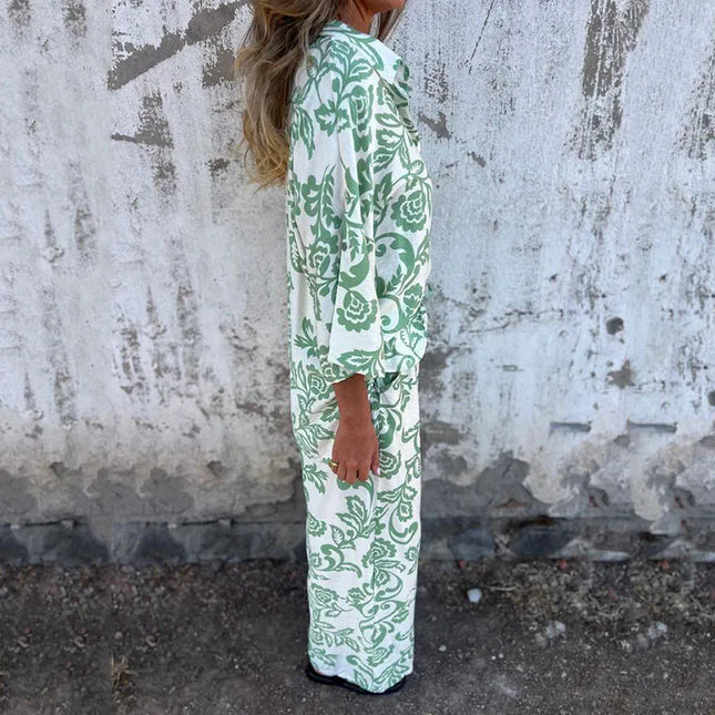 Women's Vintage Two-Piece Set: Turndown Collar Long Sleeve Shirt & Elastic High-Waist Loose Casual Pants