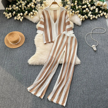 Wishyear Women's Two-Piece Striped Knit V-Neck Hollow Out Button Top & Wide Leg Pants Set