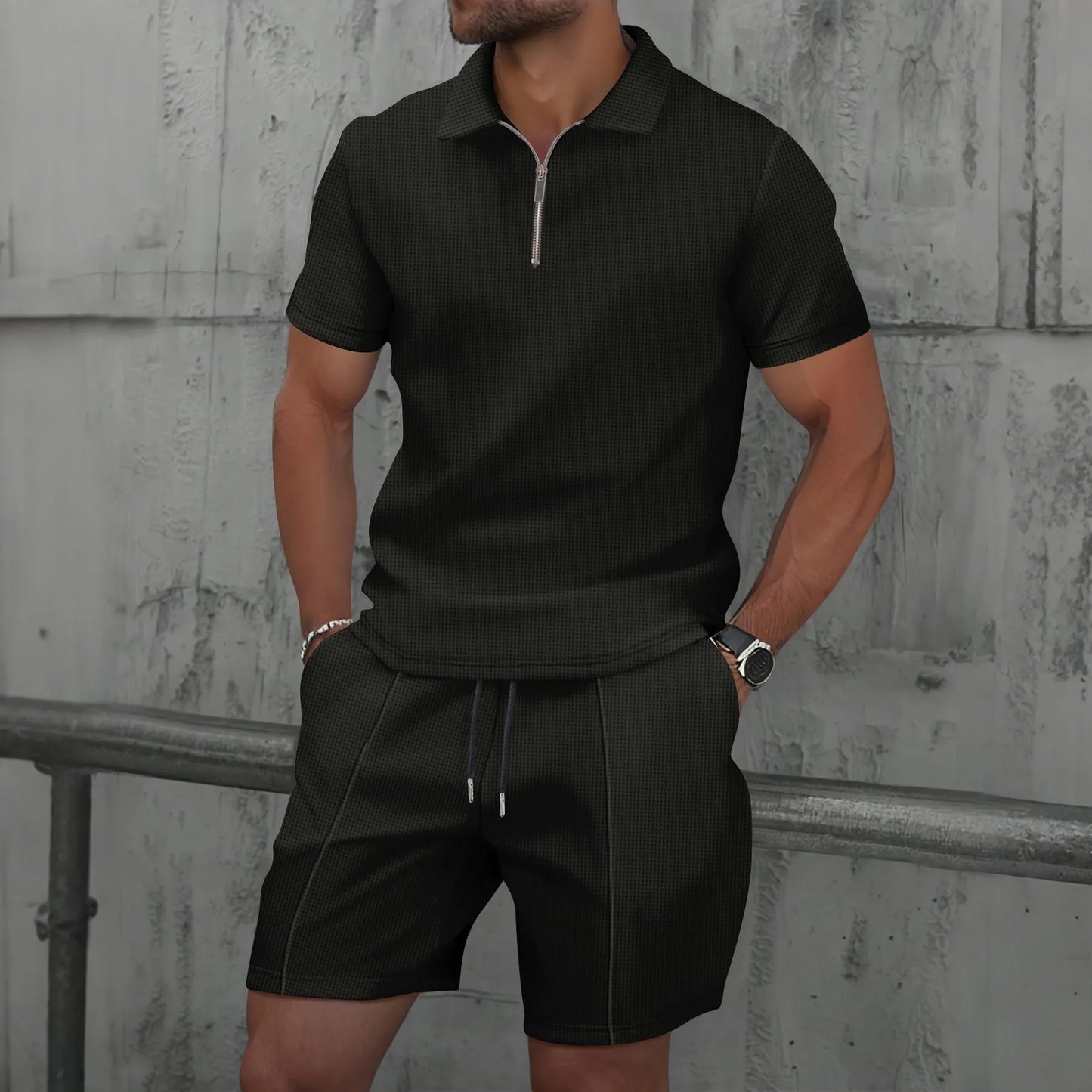 Men's Two-Piece Zip-Up Lapel T-Shirt and Shorts Set - Casual Summer Activewear