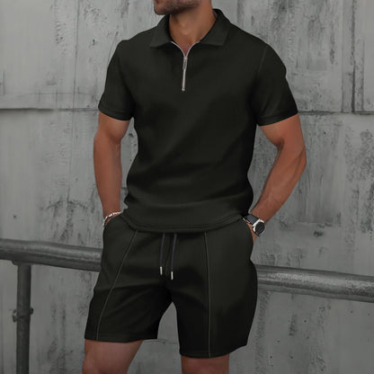 Men's Two-Piece Zip-Up Lapel T-Shirt and Shorts Set - Casual Summer Activewear