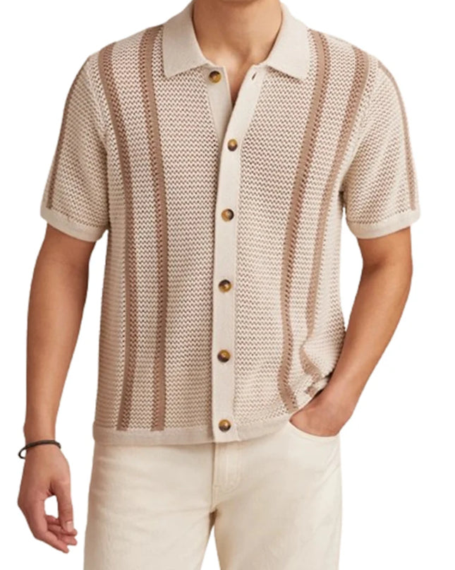 Men's Striped Knitted Shirt with Casual Button-Down Turn-Down Collar