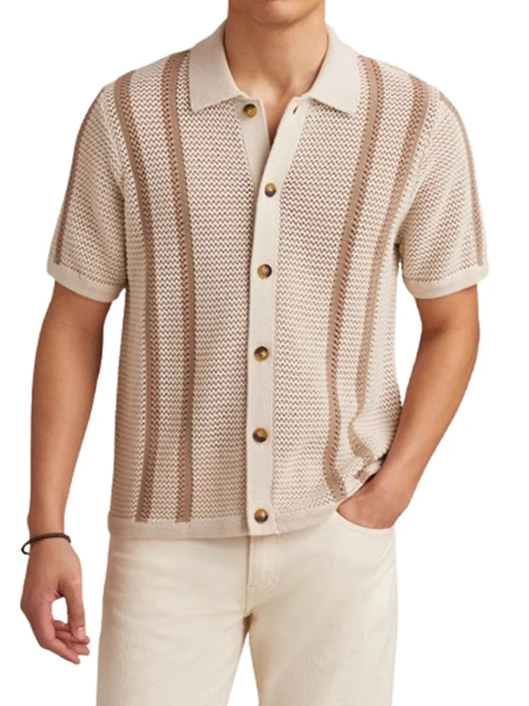 Men's Striped Knitted Shirt with Casual Button-Down Turn-Down Collar