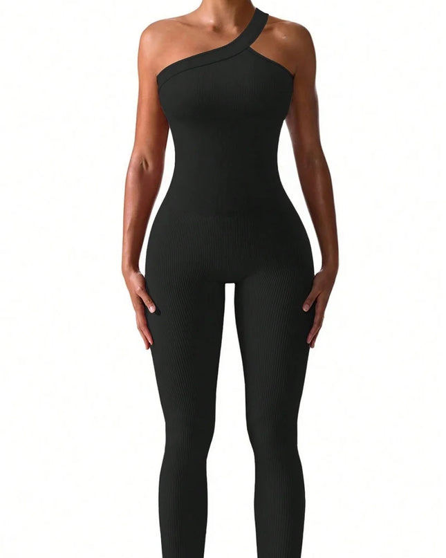 Women's One-Shoulder Ribbed Yoga Jumpsuit – Stylish Activewear