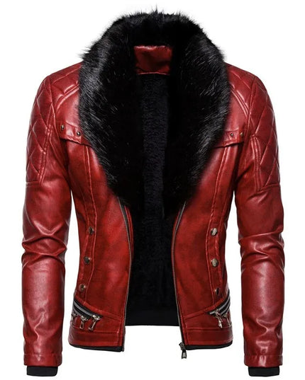 Red leather jacket with black fur collar on a white background