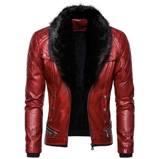 Red leather jacket with black fur collar on a white background