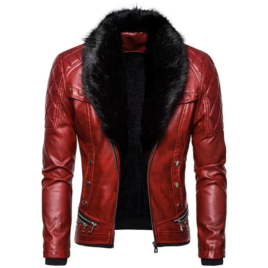 Red leather jacket with black fur collar on a white background