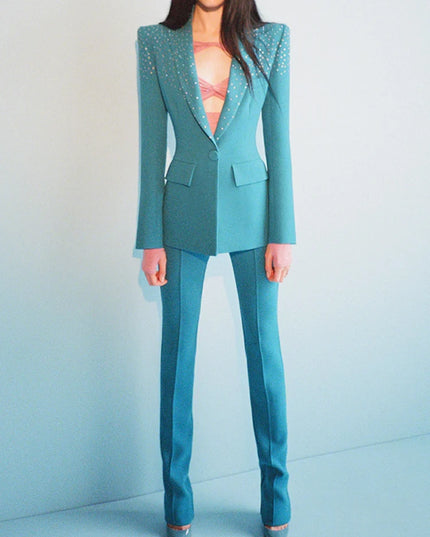 Women's Elegant Two-Piece Beaded Blazer and Pants Set with  Diamond Detailing