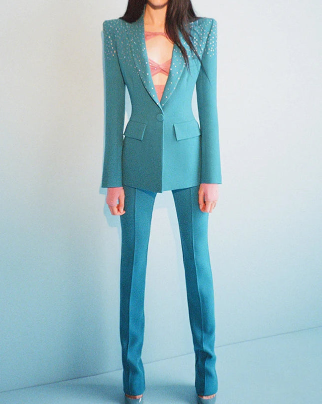 Women's Elegant Two-Piece Beaded Blazer and Pants Set with  Diamond Detailing