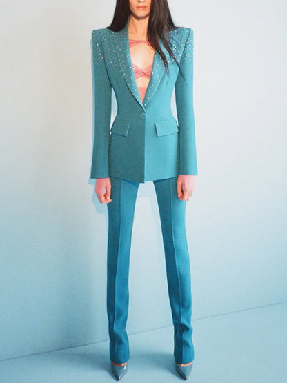 Women's Elegant Two-Piece Beaded Blazer and Pants Set with  Diamond Detailing
