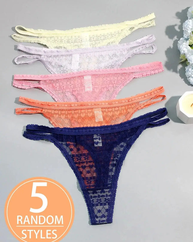 5-Pack Women's Lace Double-Layer Thin Strap Full Lace Thong Underwear