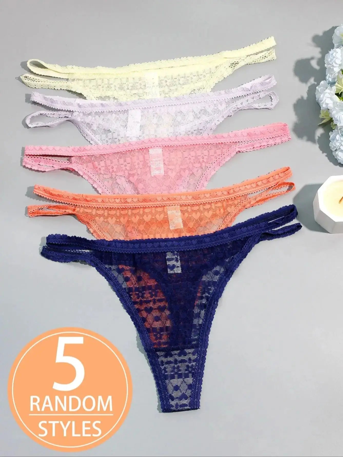 5-Pack Women's Lace Double-Layer Thin Strap Full Lace Thong Underwear