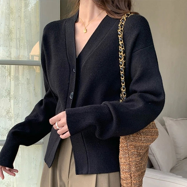 Women's Knitted V-Neck Cardigans with Slim Fit & Button Design