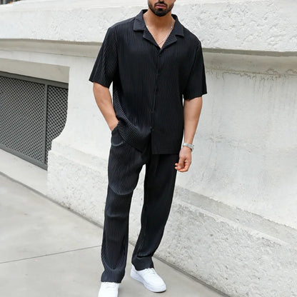 Men's Casual Two-Piece Set - Loose Fit Button-Open Shirt & Breathable, Lightweight Pants