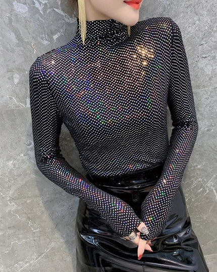 Shiny Sequin Turtleneck Sweater for Women - Long Sleeve Slim Fit Sequin Top