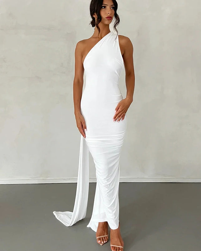 Hugcitar Adjustable Backless Ruched Dress with Single Shoulder and Scarf Loop for Women