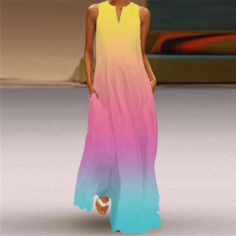Women's Vintage Boho Printed Sleeveless V-Neck Maxi Dress