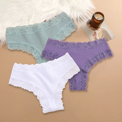 Set of 3 Women's Cotton Lace Panties - Floral Print & Trendy Patchwork Briefs