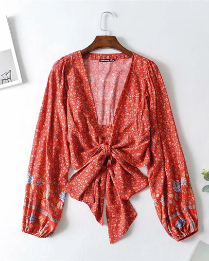 Women’s Floral Print Rayon Bohemian Blouse Shirt - Loose Fit Crop Top