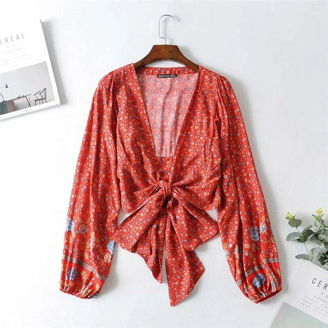 Women’s Floral Print Rayon Bohemian Blouse Shirt - Loose Fit Crop Top