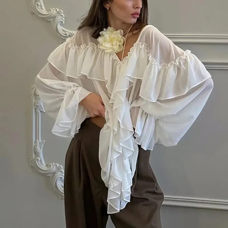 Elegant Women's Chiffon Blouse with V-Neck, See-Through Design, Ruffle Details