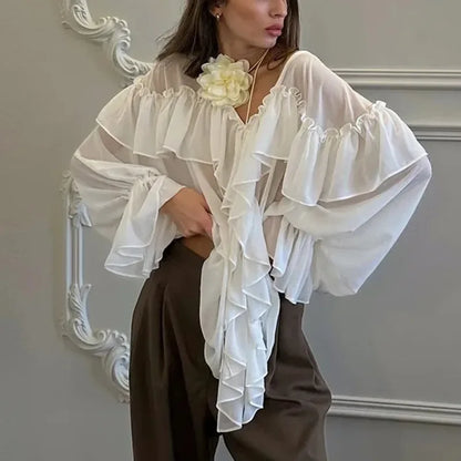Elegant Women's Chiffon Blouse with V-Neck, See-Through Design, Ruffle Details