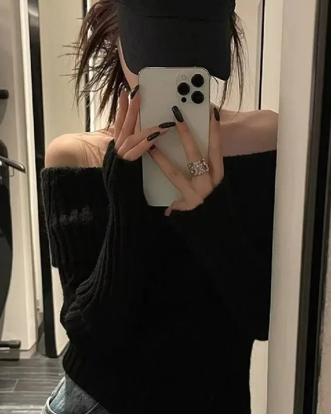 Off-the-Shoulder Knitted Pullover Sweater - Full Sleeve Knitwear for Women