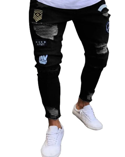 Men's Skinny Slim Fit Ripped Denim Jeans with Stretch, Hole & Patchwork Design