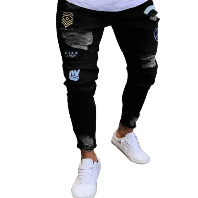 Men's Skinny Slim Fit Ripped Denim Jeans with Stretch, Hole & Patchwork Design